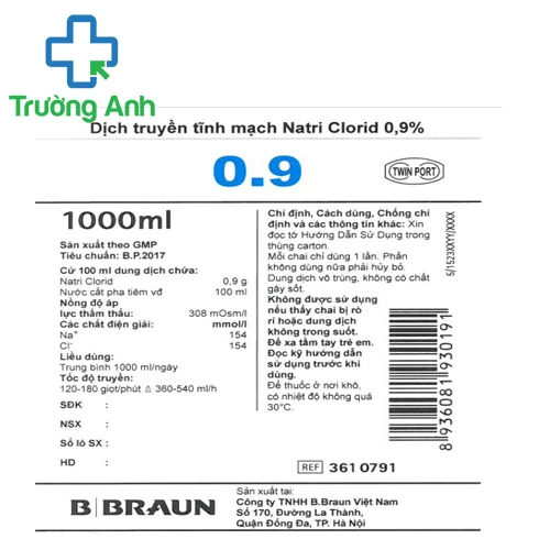 Dịch truyền tĩnh mạch Natri clorid 0,9% B.Braun 1000ml - Bổ sung nước hiệu quả